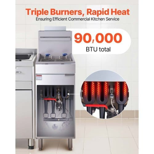 Commercial Deep Fryer, 3-Burner Fryer for Restaurants, Stainless Steel Floor Standing Deep Fryers w E415-SYKRQZG40LBSS30WF001V0