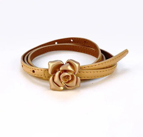 Color: Apricot, Belt Length: 105CM - 1.0cm New Unique Rose Genuine Leather Gold Belt Women Fashion  F640-12000037158136864