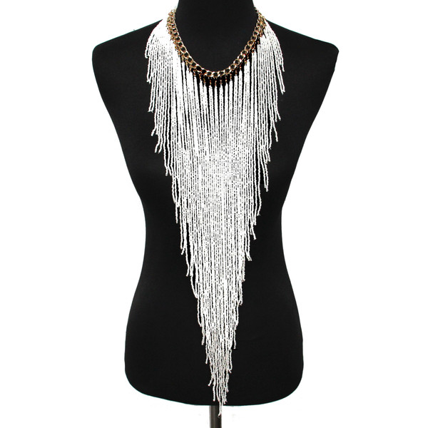 Color: White - Ethnic Style Long Rice Bead Tassel Necklace Bohemia Exaggerated Performance Necklace Q119-CJNSFSYD00287-White