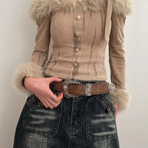 Color: black, Belt Length: 70cm - Western Brown PU Leather Vintage Belt Female Cowgirl Waist Belt w F640-12000039592429697