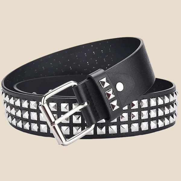 Color: army green, Belt Length: 110cm - Fashion New Square Bead Rivet Belt Metal Pyramid Belt Men a F640-12000035799157589