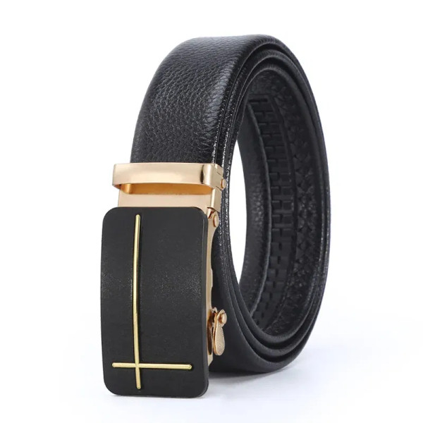 Color: black, Belt Length: 110cm - Man PU Leather Belt High Quality Men Business Belt Golden Automa F640-12000038137868188