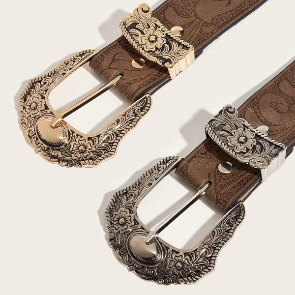 Color: WHITE, Belt Length: 70cm - Western Brown PU Leather Vintage Belt Female Cowgirl Waist Belt w F640-12000039592429696
