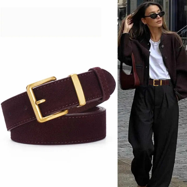 Color: WHITE, Belt Length: 100cm, Ships From: CHINA - Women Luxury Suede Cowhide Belt  3.3cm Wide W F640-12000044348019050