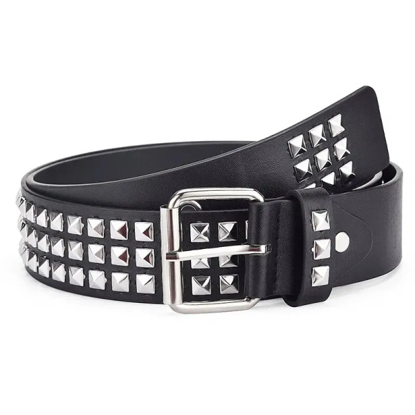 Color: black, Belt Length: 110cm - Fashion New Square Bead Rivet Belt Metal Pyramid Belt Men and Wo F640-12000035799157593
