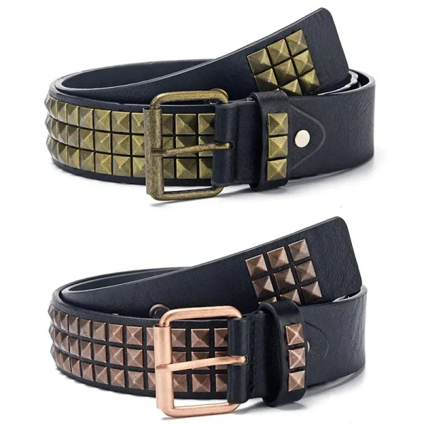 Color: black, Belt Length: 110cm - Fashion New Square Bead Rivet Belt Metal Pyramid Belt Men and Wo F640-12000035799157593