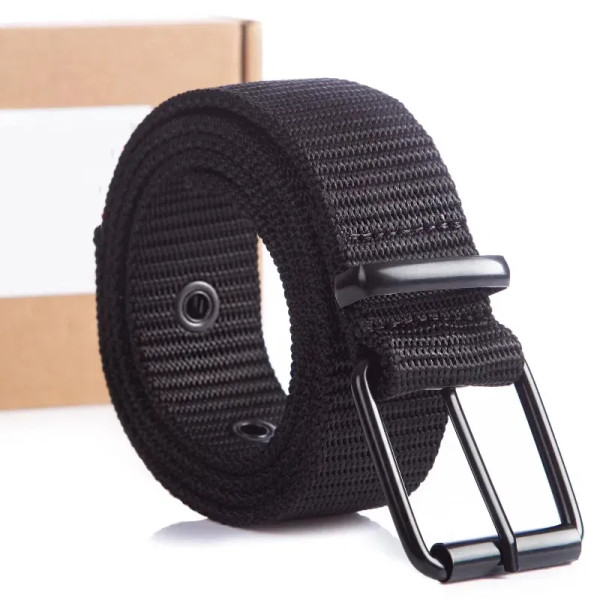 Color: black, Belt Length: 120cm - Men's Belt Porous Canvas Pin Buckle Leather Belt Outdoor Sports  F640-12000040177011454