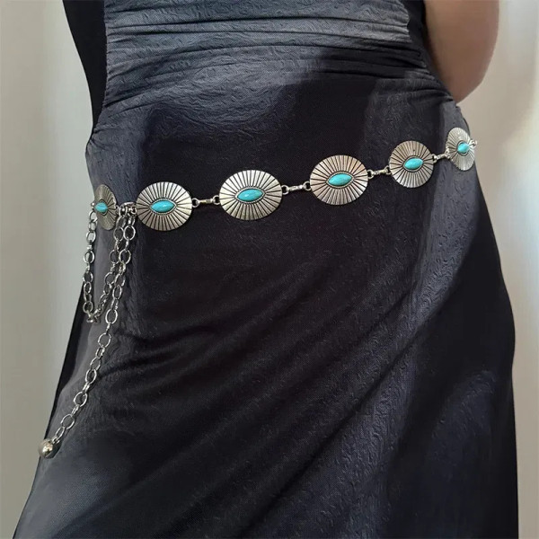 Color: GRAY, Belt Length: 110cm - Fashion Silver Bohemian female circular waist chain luxury blue g F640-12000040518749619
