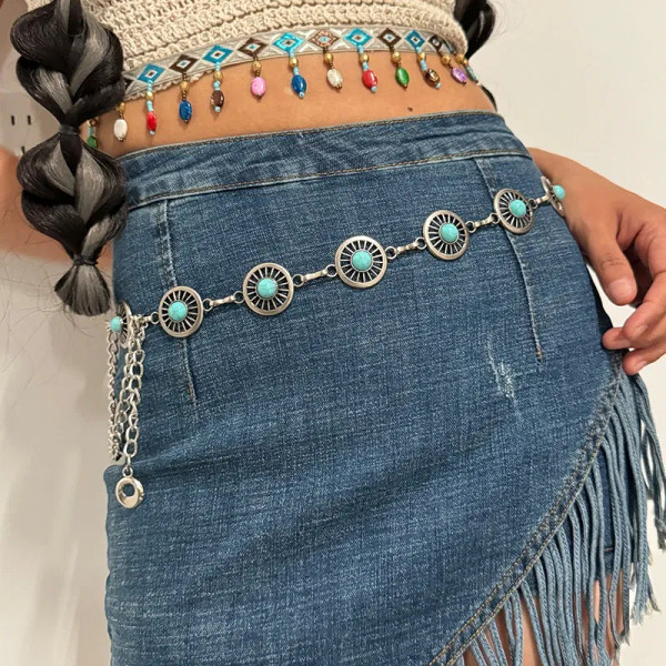 Color: GRAY, Belt Length: 110cm - Fashion Silver Bohemian female circular waist chain luxury blue g F640-12000040518749619