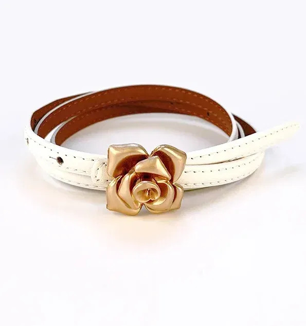 Color: WHITE, Belt Length: 105CM - 1.0cm New Unique Rose Genuine Leather Gold Belt Women Fashion Co F640-12000037158136853