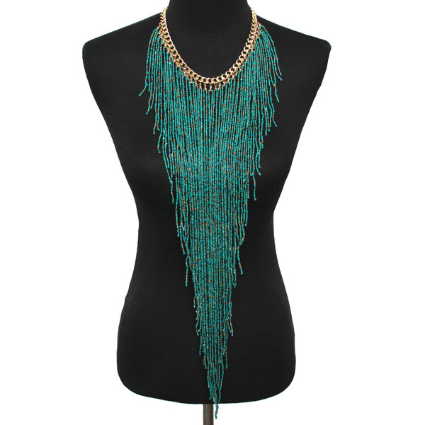 Color: Green - Ethnic Style Long Rice Bead Tassel Necklace Bohemia Exaggerated Performance Necklace Q119-CJNSFSYD00287-Green