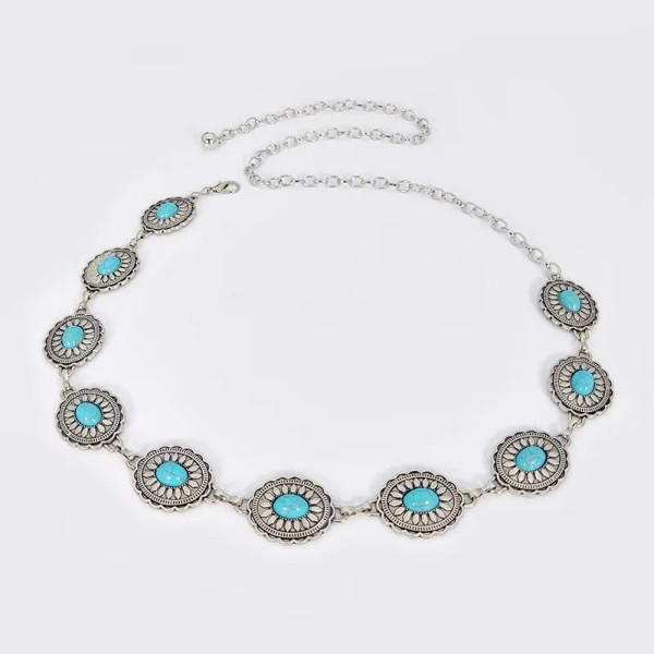 Color: WHITE, Belt Length: 110cm - Fashion Silver Bohemian female circular waist chain luxury blue  F640-12000040518749614