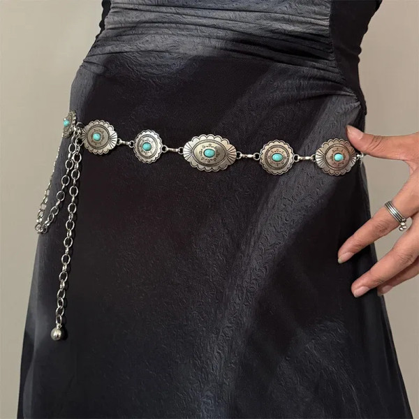Color: WHITE, Belt Length: 110cm - Fashion Silver Bohemian female circular waist chain luxury blue  F640-12000040518749614