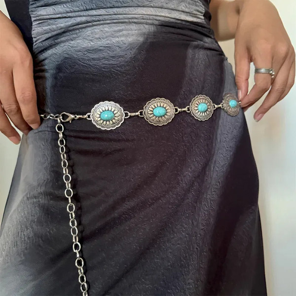 Color: green, Belt Length: 110cm - Fashion Silver Bohemian female circular waist chain luxury blue  F640-12000040518749616
