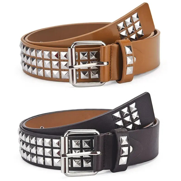 Color: Dark Grey, Belt Length: 110cm - Fashion New Square Bead Rivet Belt Metal Pyramid Belt Men an F640-12000048979520744
