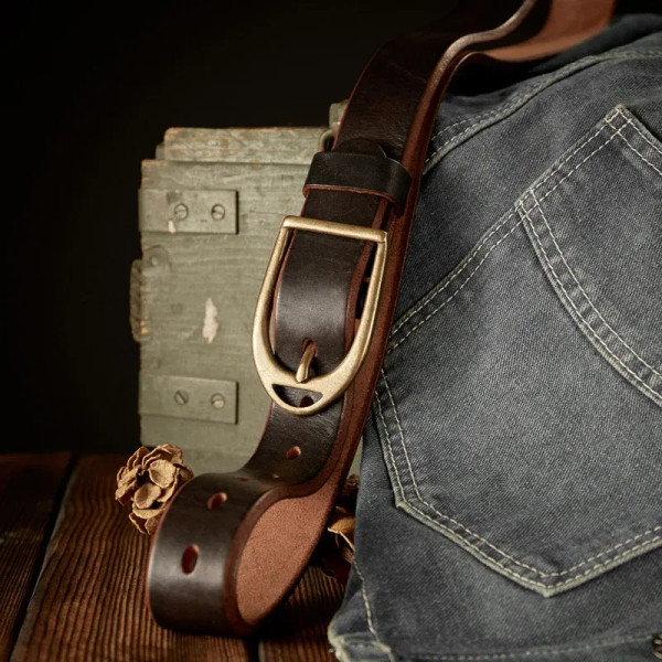 Color: WHITE, Belt Length: 125cm - Handmade Retro First Layer Cowhide Leather With Copper Pin Buckl F640-12000039899032145