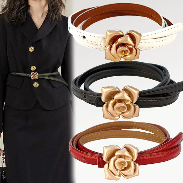 Color: army green, Belt Length: 105CM - 1.0cm New Unique Rose Genuine Leather Gold Belt Women Fashi F640-12000037158136856