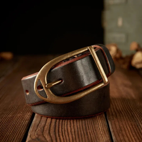 Color: WHITE, Belt Length: 110cm - Handmade Retro First Layer Cowhide Leather With Copper Pin Buckl F640-12000039899032142
