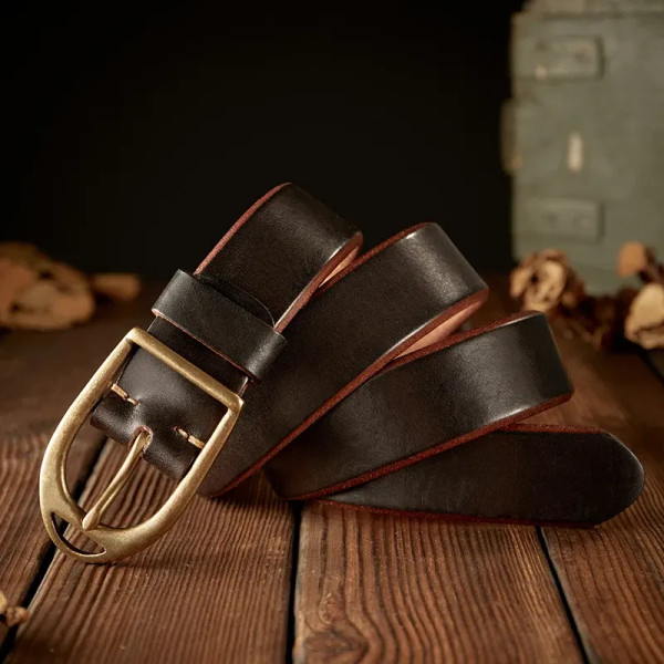 Color: WHITE, Belt Length: 110cm - Handmade Retro First Layer Cowhide Leather With Copper Pin Buckl F640-12000039899032142
