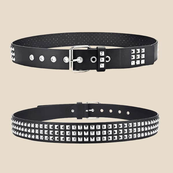 Color: GRAY, Belt Length: 110cm - Fashion New Square Bead Rivet Belt Metal Pyramid Belt Men and Wom F640-12000048979520743