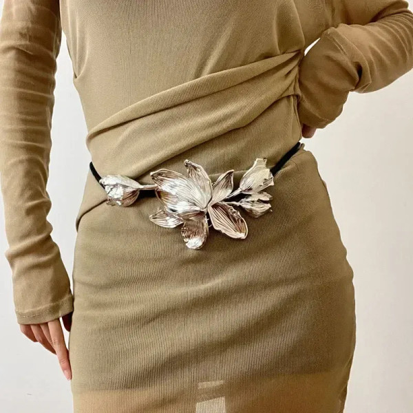Color: Silver - Women Luxury Fashion Design Metal Tulip Flower Waistband Chain Skirt Pants Dress Je F640-12000042218061136