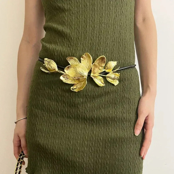 Color: Silver - Women Luxury Fashion Design Metal Tulip Flower Waistband Chain Skirt Pants Dress Je F640-12000042218061136