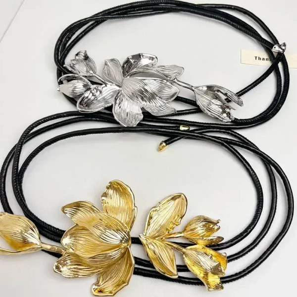 Color: Silver - Women Luxury Fashion Design Metal Tulip Flower Waistband Chain Skirt Pants Dress Je F640-12000042218061136