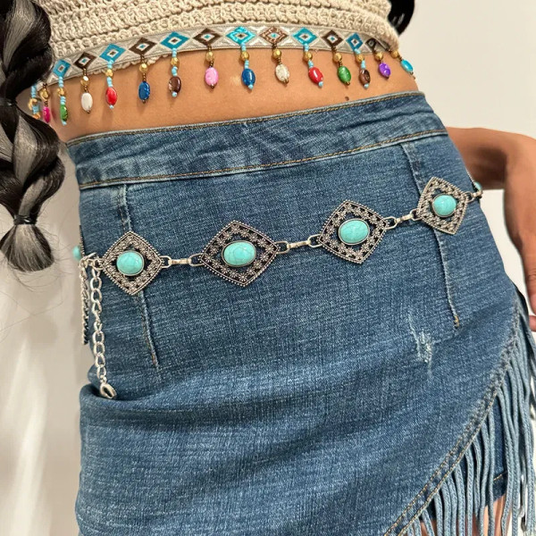 Color: army green, Belt Length: 110cm - Fashion Silver Bohemian female circular waist chain luxury  F640-12000040518749617