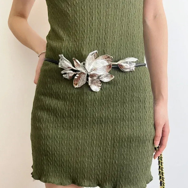 Color: Gold - Women Luxury Fashion Design Metal Tulip Flower Waistband Chain Skirt Pants Dress Jean F640-12000042218061135