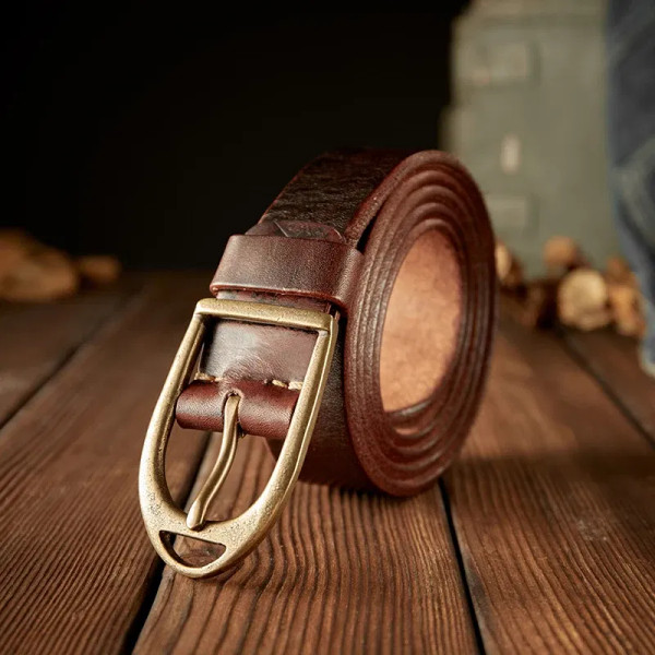 Color: WHITE, Belt Length: 120cm - Handmade Retro First Layer Cowhide Leather With Copper Pin Buckl F640-12000039899032144