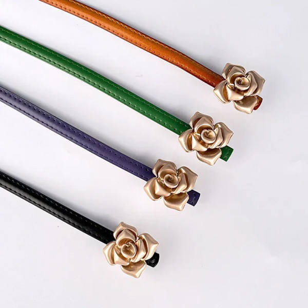 Color: Light purple, Belt Length: 105CM - 1.0cm New Unique Rose Genuine Leather Gold Belt Women Fas F640-12000037158136865