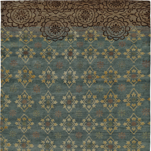 8' X 12' Green Blue and Brown Floral Hand Knotted Area Rug N270-565542