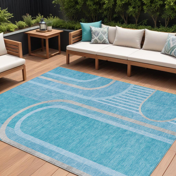 10' X 14' Teal Abstract Washable Indoor Outdoor Area Rug N270-561364