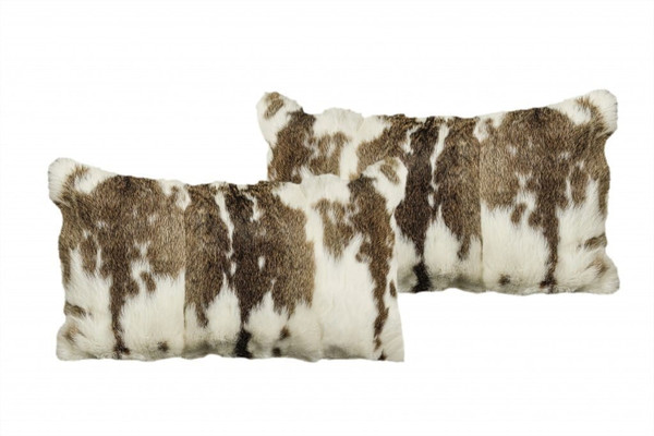 Set of Two 12" X 20" Brown and White Rabbit Natural Fur Throw Pillow N270-473925