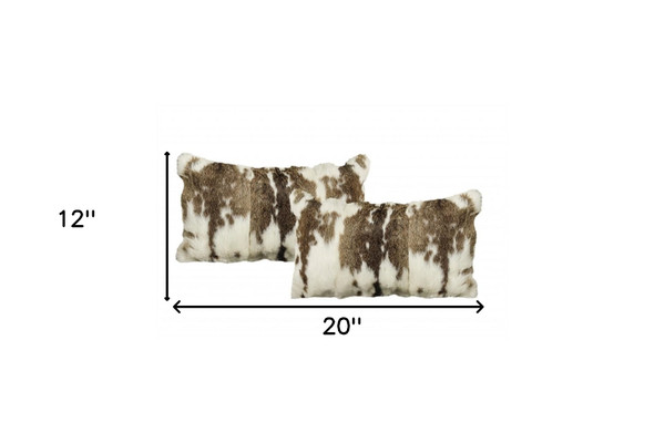 Set of Two 12" X 20" Brown and White Rabbit Natural Fur Throw Pillow N270-473925