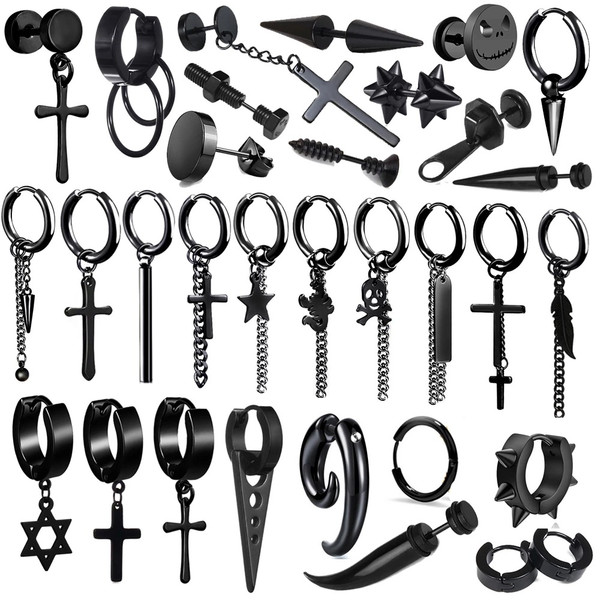 Black Earrings titanium steel chain stud stainless steel cross - Color: 20Style Q119-CJZBLXLX19837-20Style