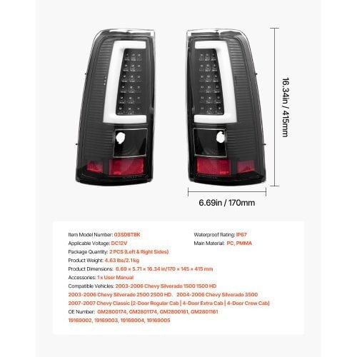 Tail Light Assembly Compatible with 2003-2006 Chevy Silverado 1500 1500 HD 2500 2500 HD 3500, 2007- E415-WDZCXFLSLD15AQLUB001V9