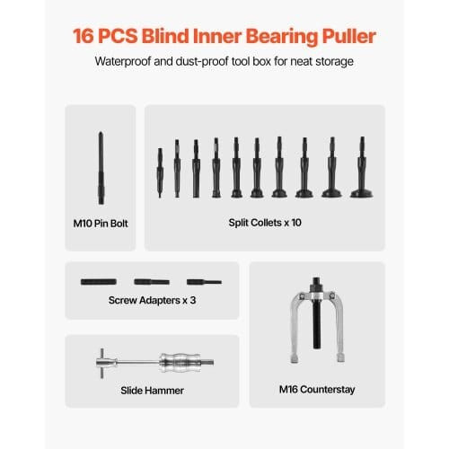Blind Hole Bearing Puller Set, 16-in-1 Inner Bearing Race and Seal Extractor Kit, 16 PCS Slide Hamm E415-HCSNZCLBQ16JCERB3001V0