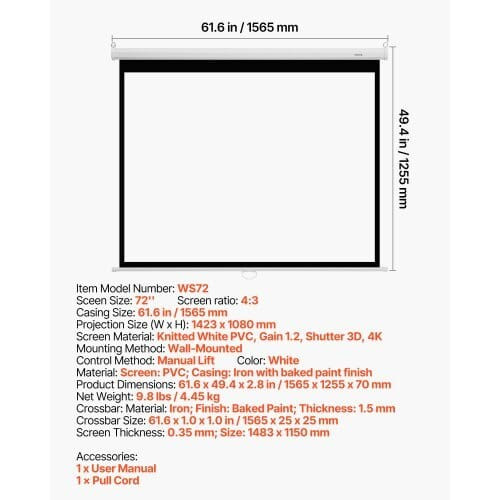 Manual Projector Screen, 72 inch 4:3 4K 1080 HD Retractable Pull Down Projector Screen, Wall Mounte E415-BGSTYPMBGSSDBNL19001V0