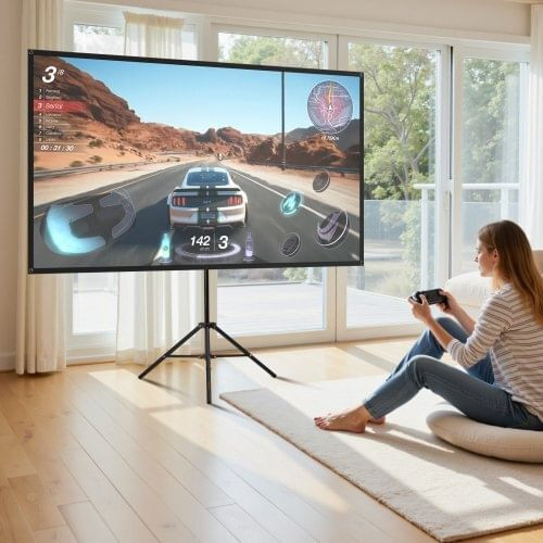 Projector Screen with Stand, 80 Inch 160?° Wide Angle Indoor Outdoor Projection Screen, 16:9 4K HD  E415-ZJSTYPMEKSJZ80OE1001V0
