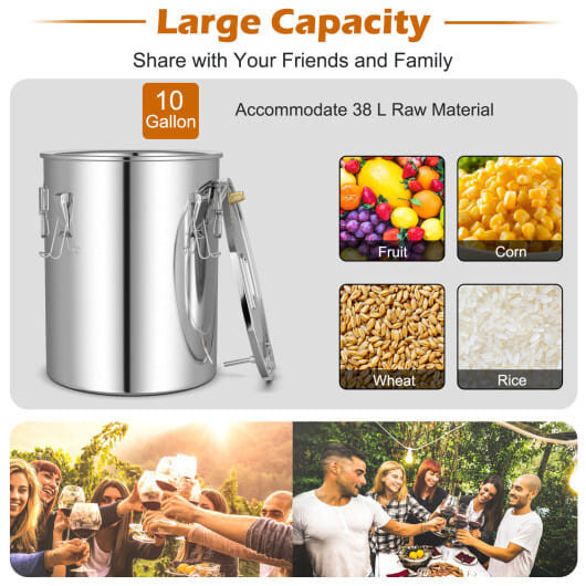 5/10 Gal 22/38 L Water Alcohol Distiller for DIY Whisky-10 Gal - Color: Silver - Size: L D681-KC55271US-10