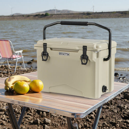 25 QT Hard Cooler with Aluminum Handle and Integrated Cup Holders-Tan - Color: Tan D681-GP11736SA