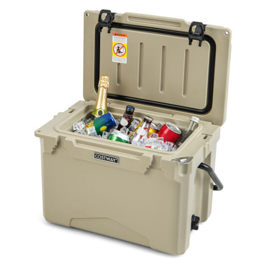 25 QT Hard Cooler with Aluminum Handle and Integrated Cup Holders-Tan - Color: Tan D681-GP11736SA
