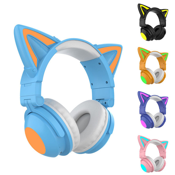 Wireless Cat Ear Headset Noise Canceling Longer Playtime Lighting Headphones over Ear Folding Headp K484-PEL_0R6C0TER