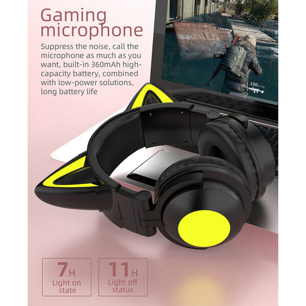Wireless Cat Ear Headset Noise Canceling Longer Playtime Lighting Headphones over Ear Folding Headp K484-PEL_0R6C0TER