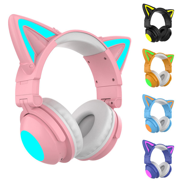 Wireless Cat Ear Headset Noise Canceling Longer Playtime Lighting Headphones over Ear Folding Headp K484-PEL_0R6C0TER