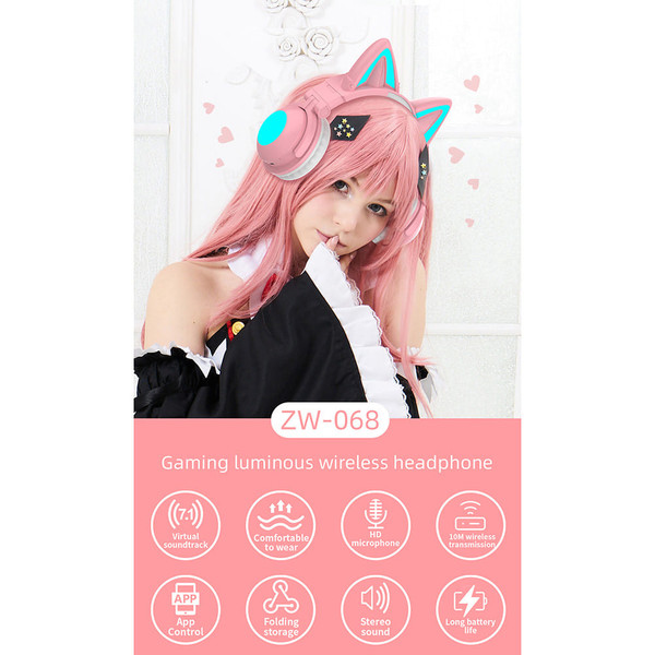 Wireless Cat Ear Headset Noise Canceling Longer Playtime Lighting Headphones over Ear Folding Headp K484-PEL_0R6C0TER