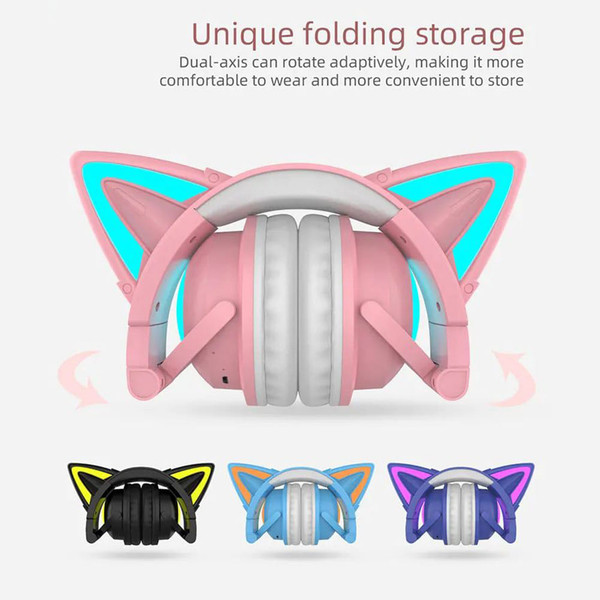 Wireless Cat Ear Headset Noise Canceling Longer Playtime Lighting Headphones over Ear Folding Headp K484-PEL_0R6C0TER