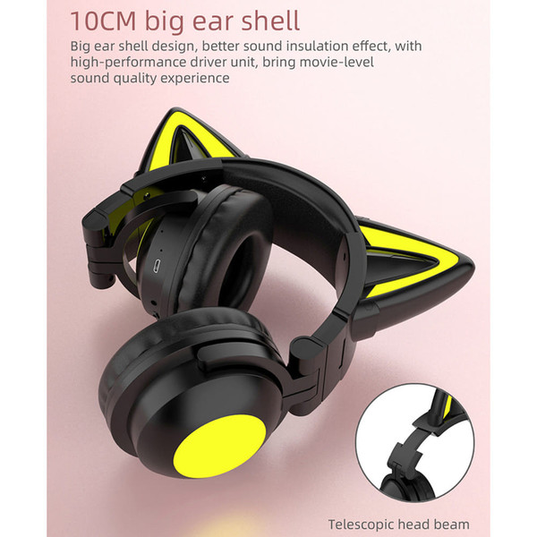 Wireless Cat Ear Headset Noise Canceling Longer Playtime Lighting Headphones over Ear Folding Headp K484-PEL_0R6C0TER