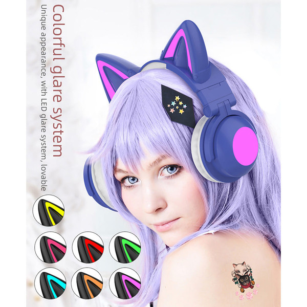 Wireless Cat Ear Headset Noise Canceling Longer Playtime Lighting Headphones over Ear Folding Headp K484-PEL_0R6C0TER